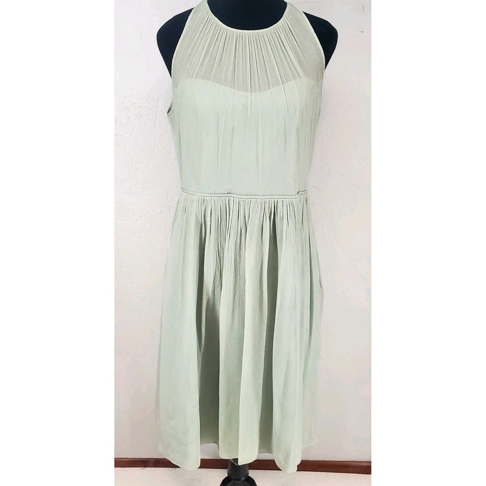 J.Crew Sage Green Silk‎ Chiffon Halter Midi Dress Wedding Guest Womens 10